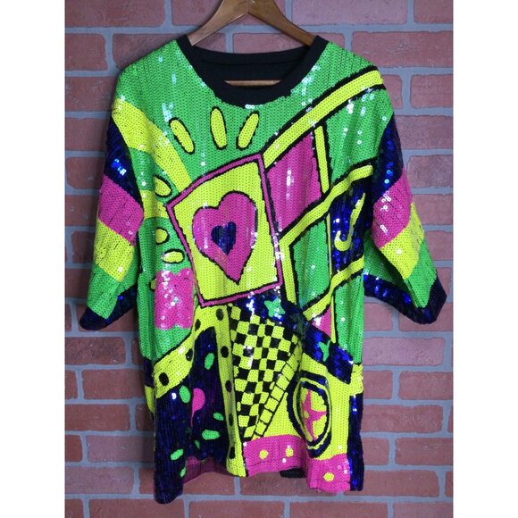 Colorful Sequined Mini Dress Retro Geometric Print Tunic Top Dopamine Dressing - Picture 3 of 8